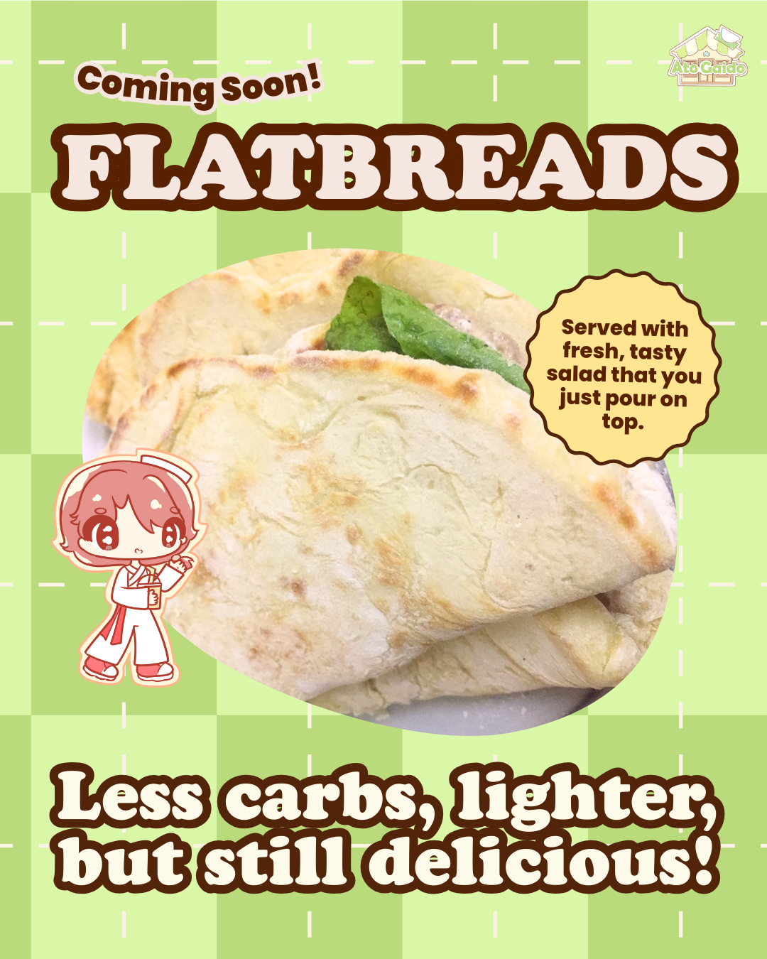 Promotional picture for low-carb, lighter, and delicious flatbread with a green background and a cartoon character, a Gaido named Sheng The Gaido-Slam master