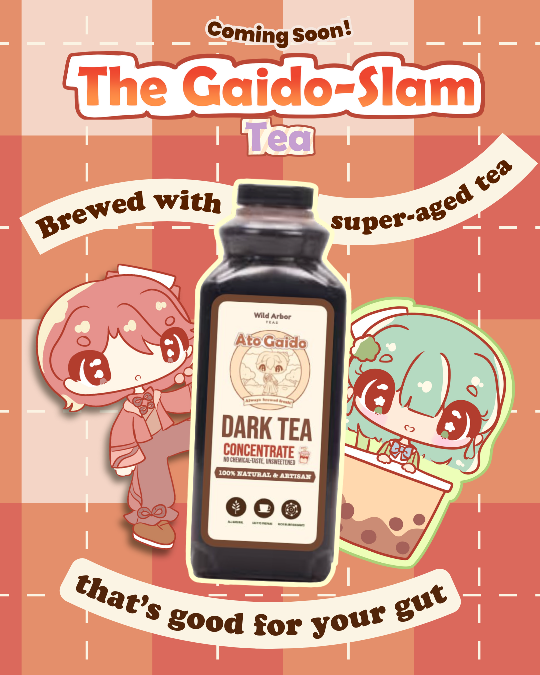 Promotional Poster for the Gaido-Slam Team, a milk tea made with aged tea. It is good for the good. The poster features cartoon characters called the Gaidos.