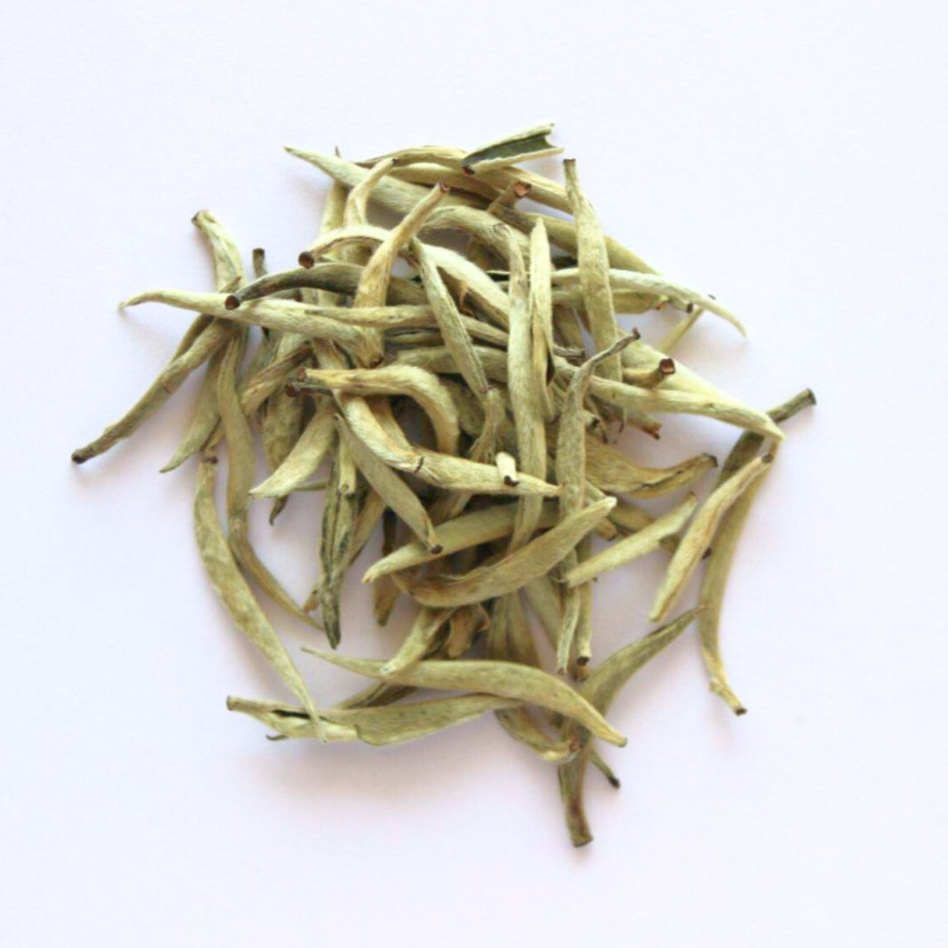 A picture of unfinished Silver Needles white tea buds